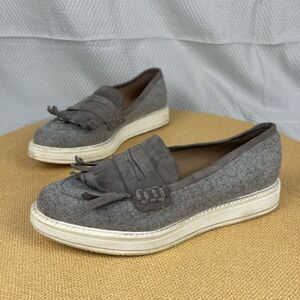 Anthropologie | KMB Gray Fabric Suede Fringe Loafers | Size 6